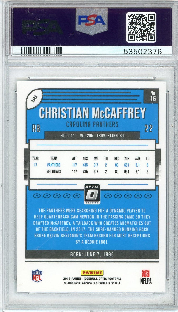 Graded 2018 Panini Donruss Optic Christian McCaffrey #16 Football Card PSA 10 Gem Mint