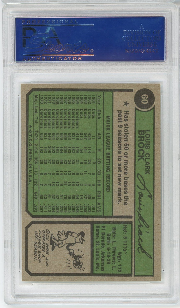 Graded 1974 Topps Lou Brock #60 Baseball Card PSA 9 Mint