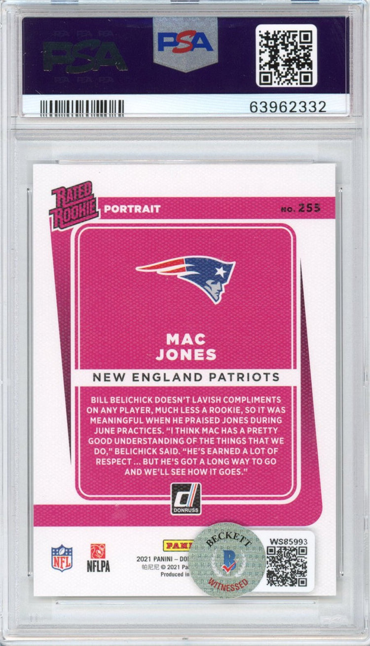 Graded 2021 Panini Donruss Mac Jones #255 AUTO Portrait Rookie RC Football Card PSA 10 Gem Mint Beckett BAS COA