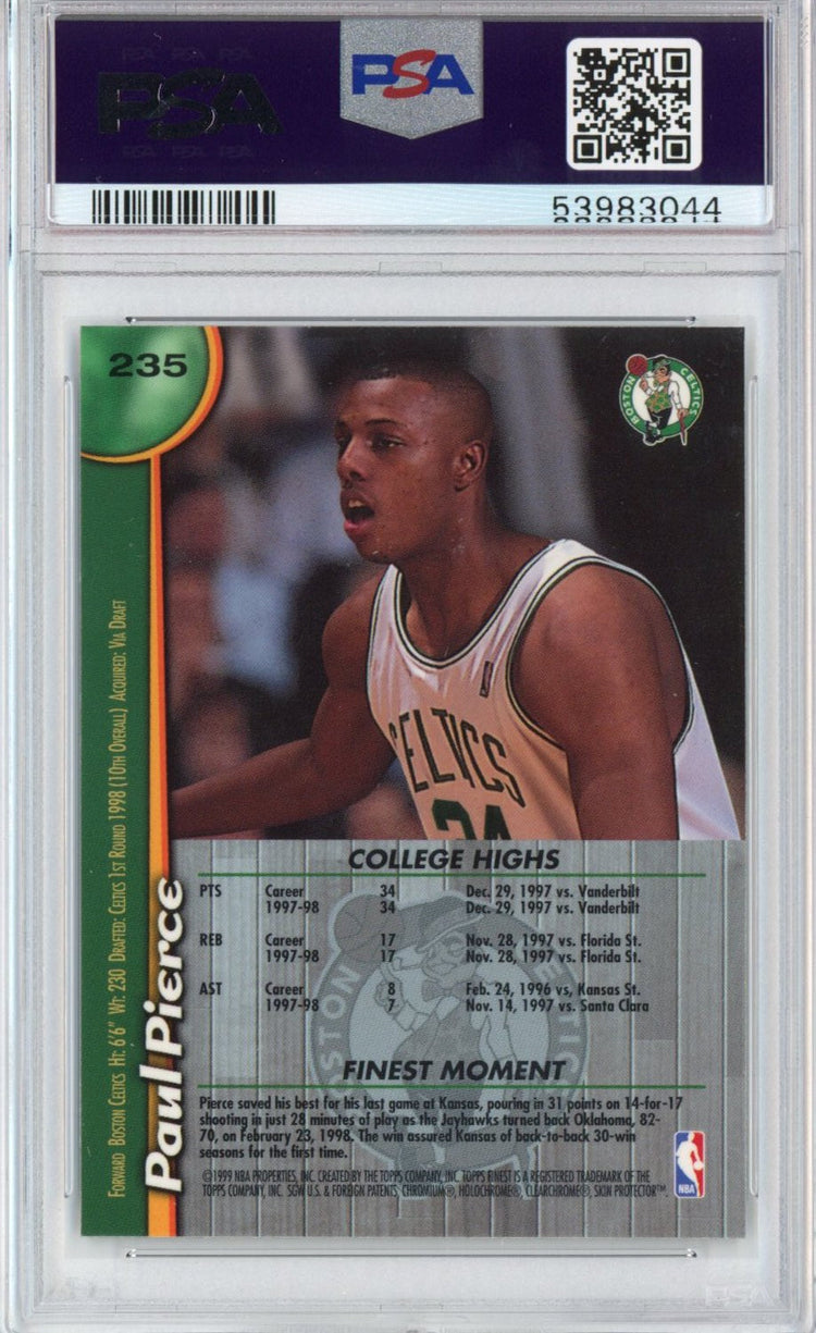 Graded 1998-99 Topps Finest Paul Pierce #235 Non-Protected Rookie RC Basketball Card PSA 10 Gem Mint