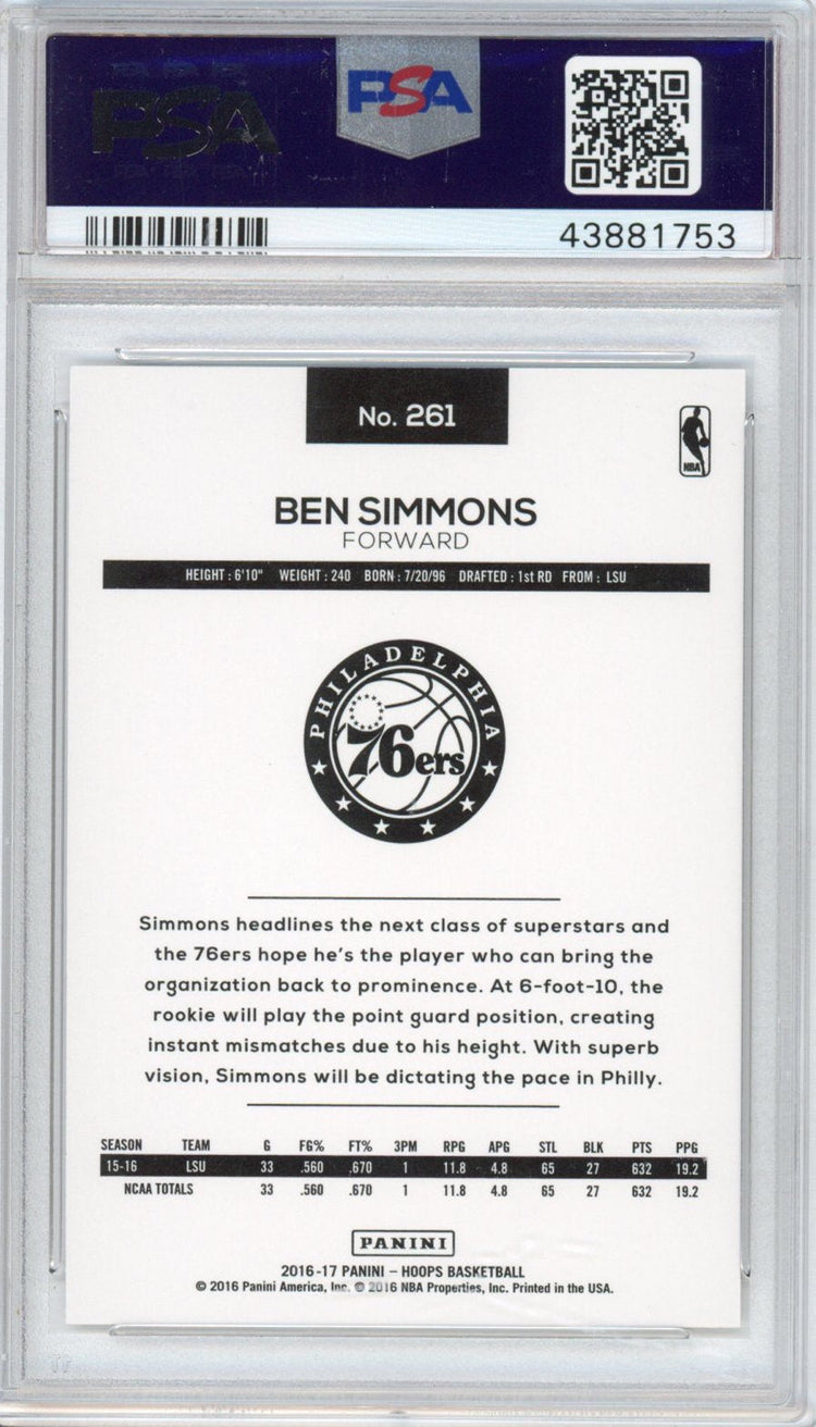 Graded 2016-17 Panini Hoops Ben Simmons #261 Rookie RC Basketball Card PSA 10 Gem Mint