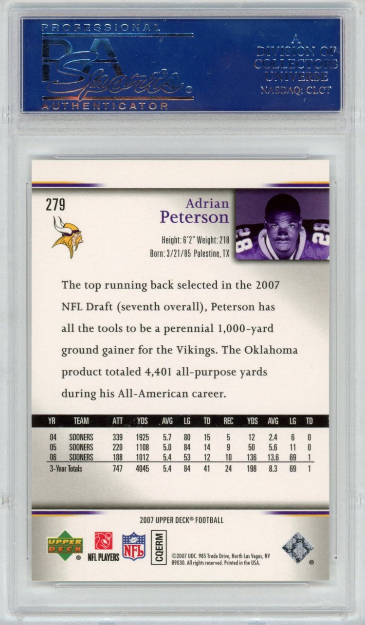 Graded 2007 Upper Deck UD Adrian Peterson #279 Rookie Exclusives RC Football Card PSA 10 Gem Mint