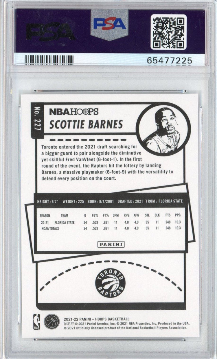 Graded 2021-22 Panini NBA Hoops Scottie Barnes #227 Rookie RC Basketball Card PSA 10 Gem Mint