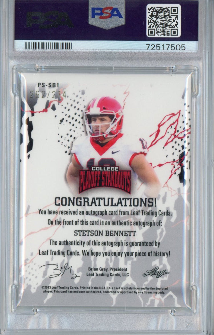 Graded 2023 Leaf College Playoff Standouts Stetson Bennett #SB1 Autographed #/274 Rookie RC Football Card PSA/DNA 10 Gem Mint Auto Grade 9