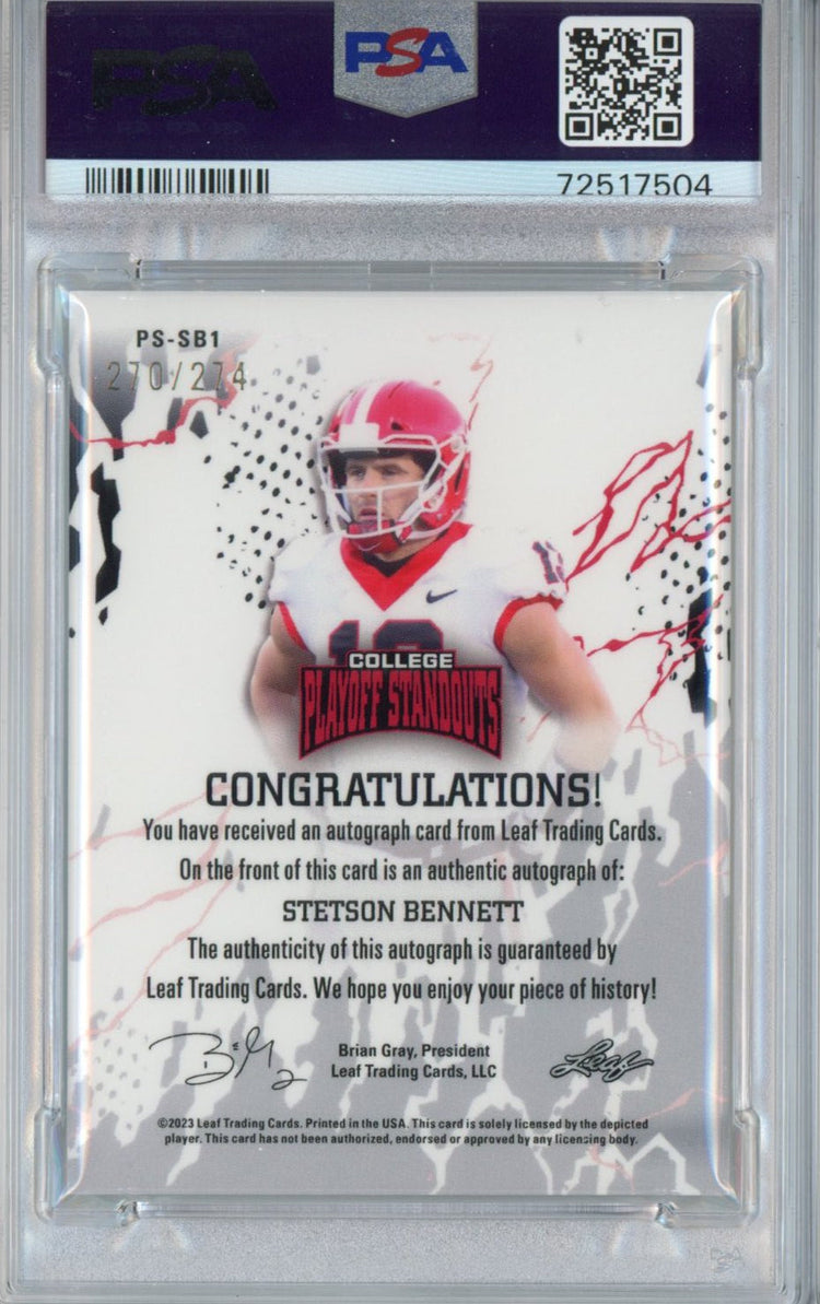 Graded 2023 Leaf College Playoff Standouts Stetson Bennett #SB1 Autographed #/274 Rookie RC Football Card PSA/DNA 8 Auto Grade 10