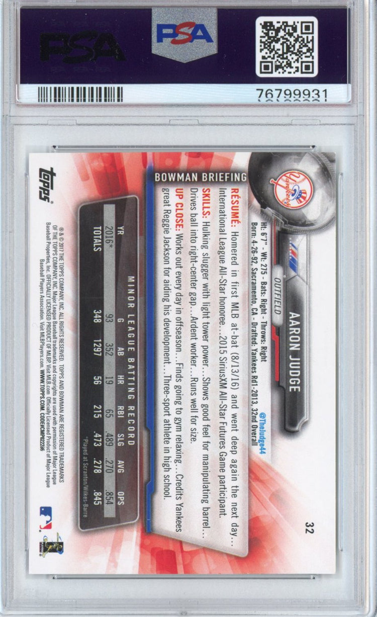Graded 2017 Bowman Aaron Judge #32 Rookie Debut RC Baseball Card PSA 9 Mint