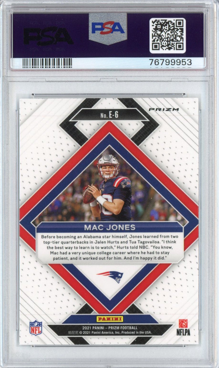 Graded 2021 Panini Prizm Mac Jones #E6 Emergent No Huddle Rookie RC Football Card PSA 10 Gem Mint