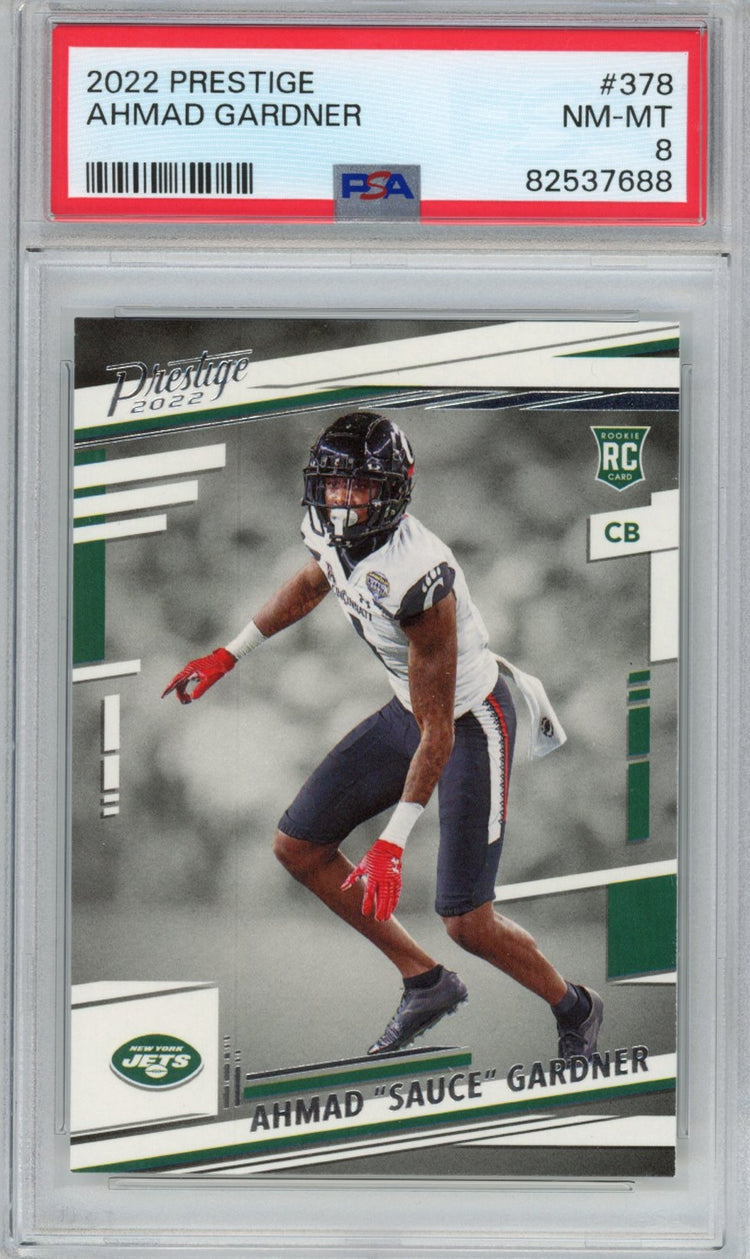 Graded 2022 Panini Prestige Ahmad Sauce Gardner #378 Rookie RC Football Card PSA 8 Mint