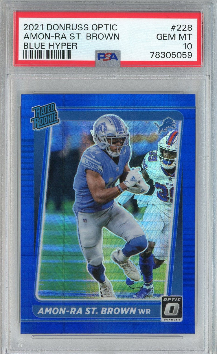 Graded 2021 Panini Donruss Optic Amon-Ra St. Brown #228 Blue Hyper Rookie RC Football Card PSA 10 Gem Mint