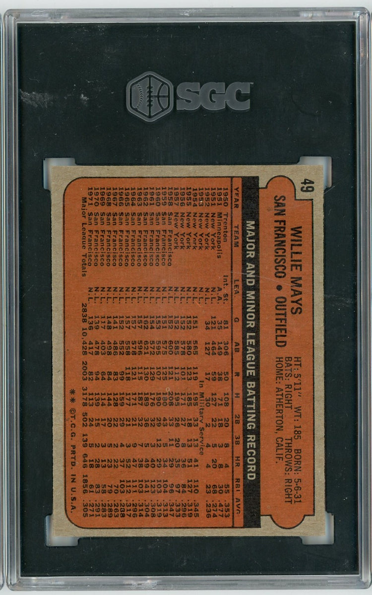 Graded 1972 Topps Willie Mays #49 Baseball Card SGC 7 Near Mint