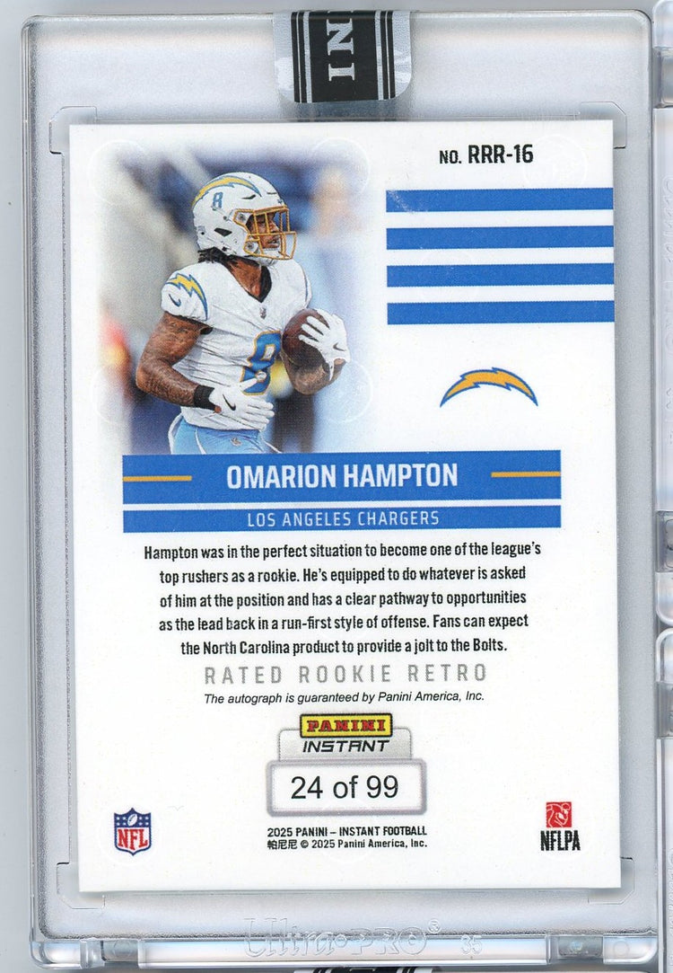 2025 Panini Instant NFL Omarion Hampton #16 Rated Retro Rookie Auto /99 Los Angeles Chargers Rookie RC Football Card