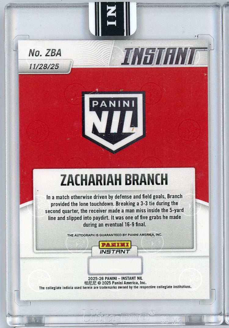 2025 Panini Instant Zachariah Branch #ZBA Auto Georgia Bulldogs Rookie RC Football Card