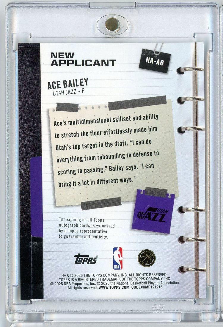 2025 Topps Ace Bailey #NAAB New Applicant Auto Utah Jazz Rookie RC Basketball Card