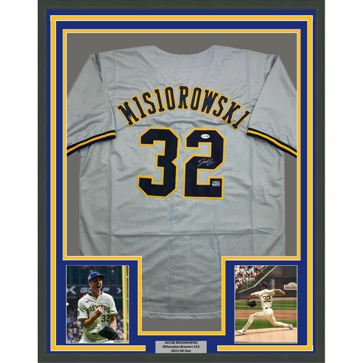 Framed Autographed/Signed Jacob Misiorowski 35x39 Milwaukee Grey Baseball Jersey JSA COA