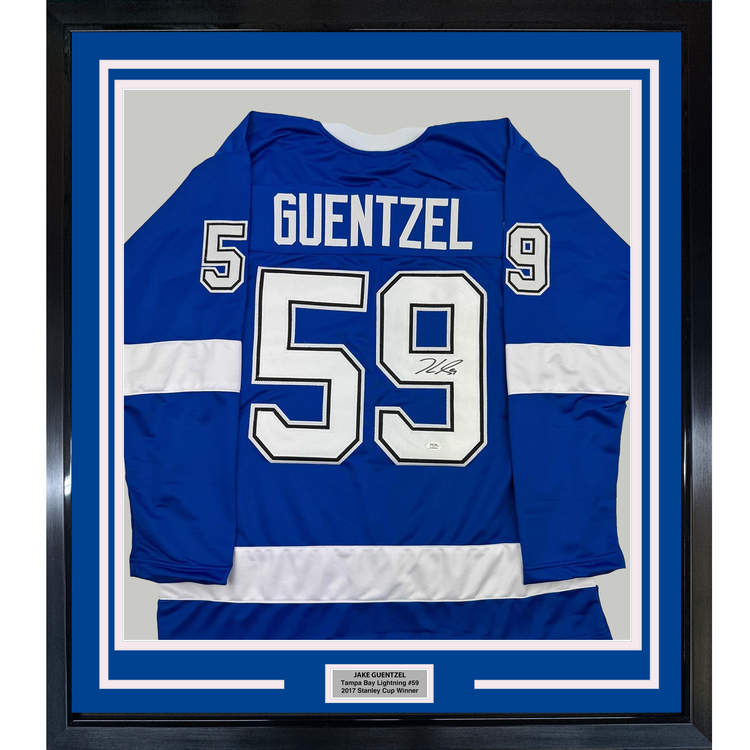 Framed Autographed/Signed Jake Guentzel 35x39 Tampa Bay Blue Hockey Jersey PSA COA