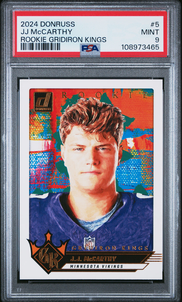 Graded 2024 Panini Donruss JJ McCarthy #5 Rookie Gridiron Kings Rookie RC Football Card PSA 9 Mint