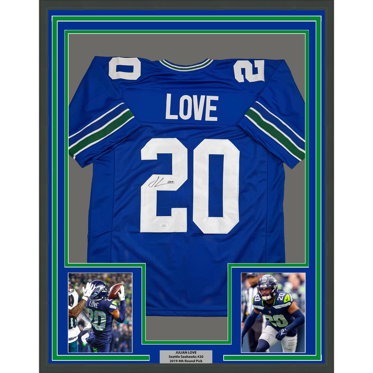 Framed Autographed/Signed Julian Love 35x39 Seattle Blue Retro Football Jersey JSA COA