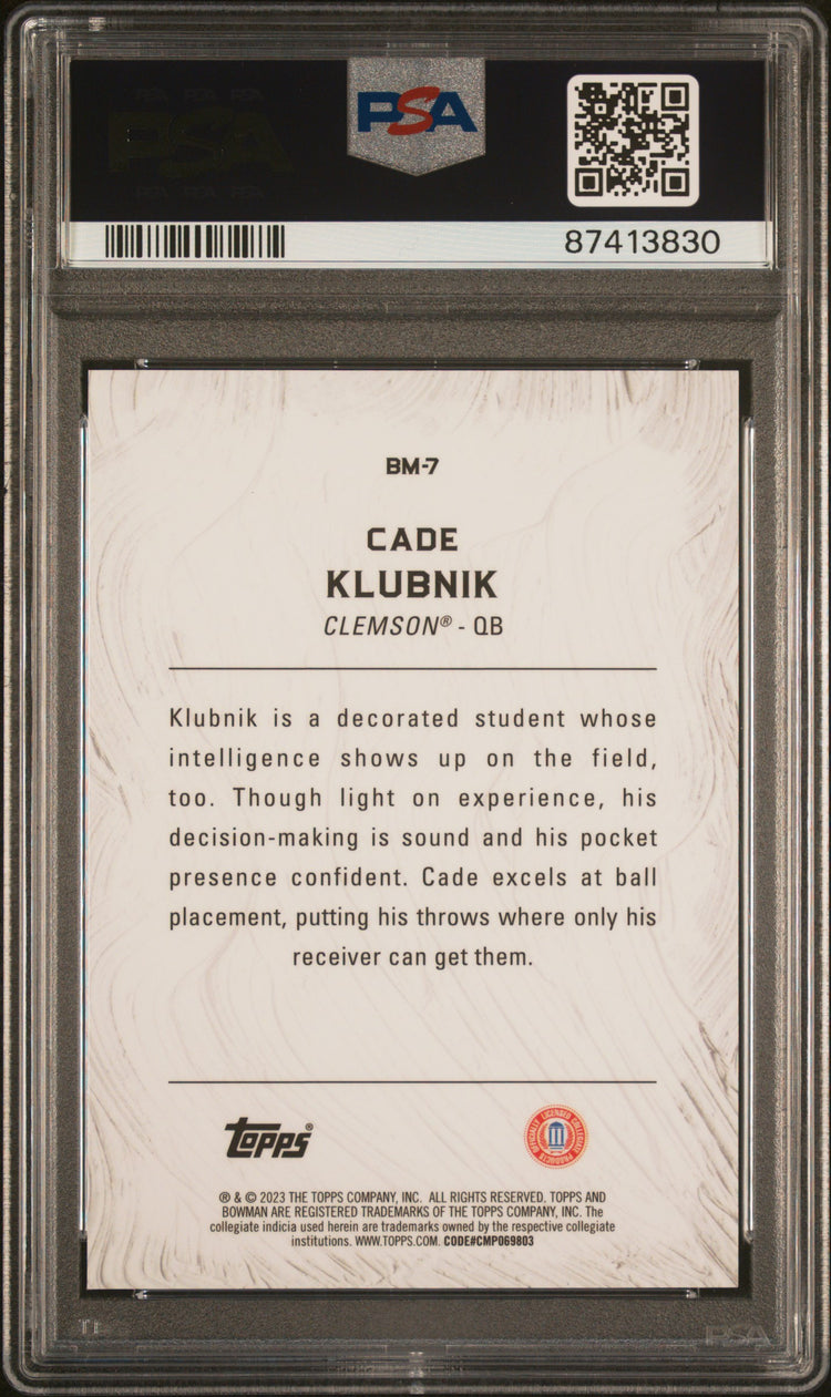 Graded 2023 Topps Bowman U Best Cade Klubnik #BM7 Masterpieces Geometric Rookie RC Football Card PSA 10 Gem Mint