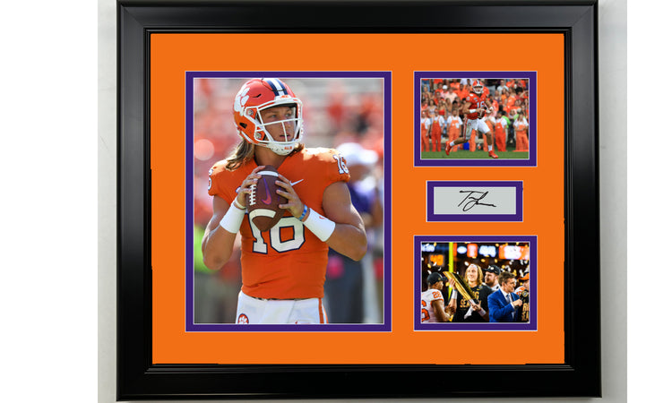 Framed Trevor Lawrence Clemson Tigers Facsimile Laser Engraved Signature Football 14x11 3 Photo Collage