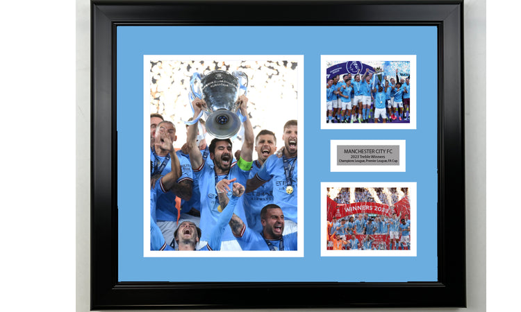 Framed Manchester City 2023 Treble Winners Facsimile Laser Engraved Signature 14x11 3 Photo Collage