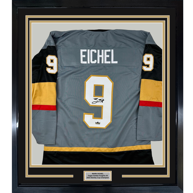 Framed Facsimile Autographed Jack Eichel 35x39 Vegas Grey Reprint Laser Auto Hockey Jersey