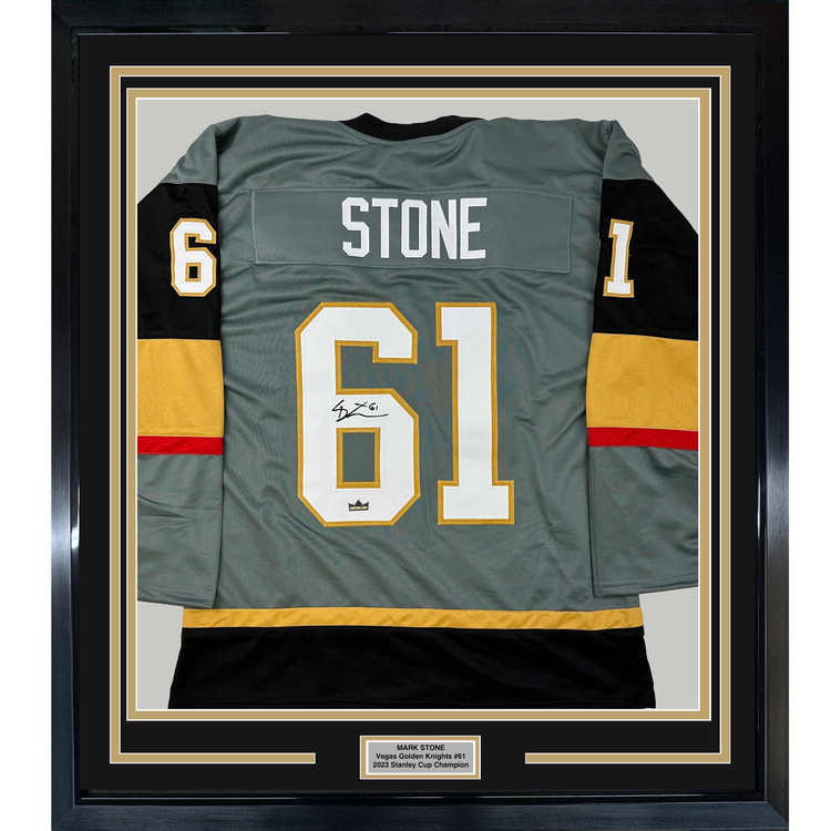 Framed Facsimile Autographed Mark Stone 35x39 Vegas Grey Reprint Laser Auto Hockey Jersey