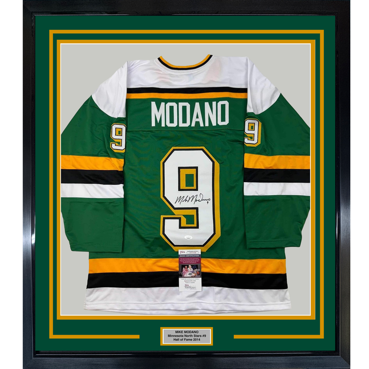 Framed Autographed/Signed Mike Modano HOF 2014 35x39 Minnesota Green Hockey Jersey Beckett BAS COA
