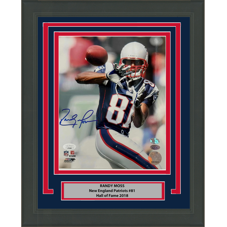 Framed Autographed/Signed Randy Moss New England Patriots 8x10 Football Photo JSA COA