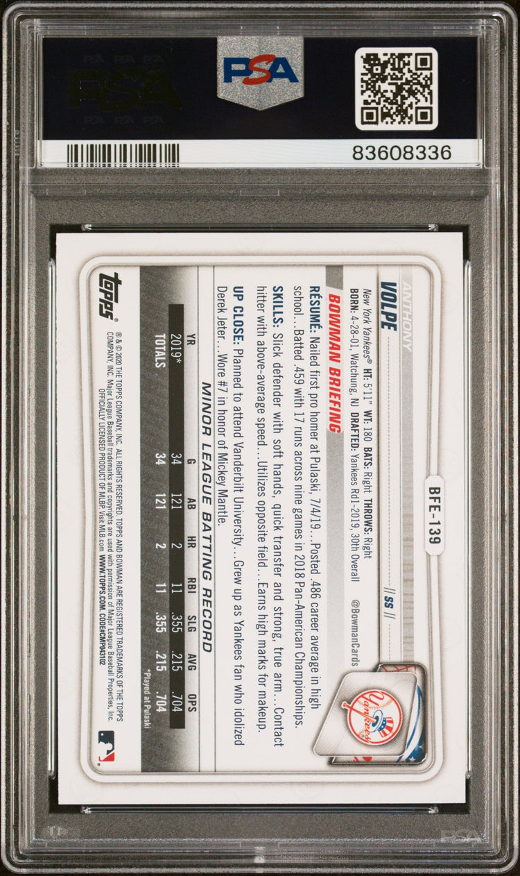Graded 2020 Topps Bowman 1st Edition Anthony Volpe #BFE139 Sky Blue Foil Rookie RC Baseball Card PSA 10 Gem Mint