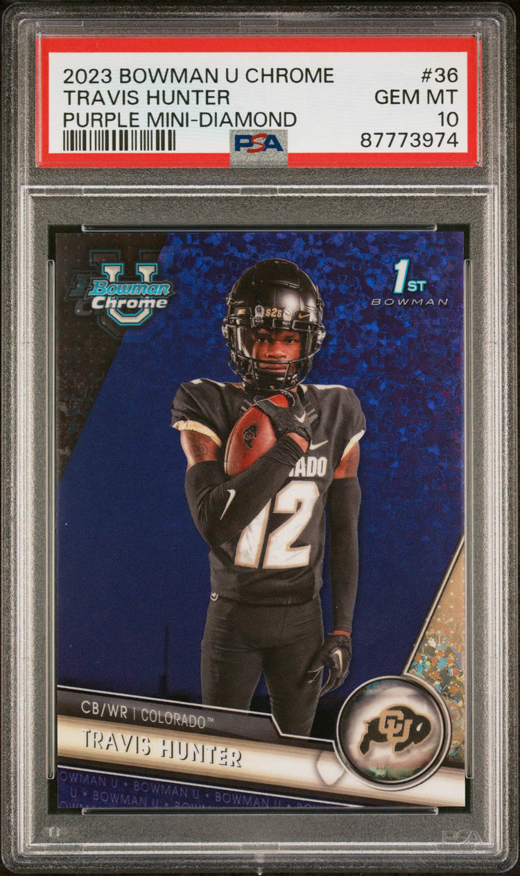 Graded 2023 Topps Bowman U Chrome Travis Hunter #36 Purple Diamond #/399 Rookie RC Football Card PSA 10 Gem Mint