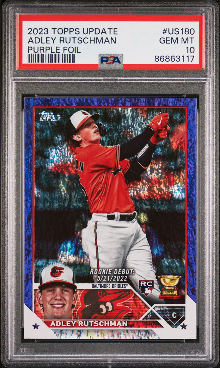 Graded 2023 Topps Update Adley Rutschman #US180 Purple Foil #/799 Rookie RC Baseball Card PSA 10 Gem Mint