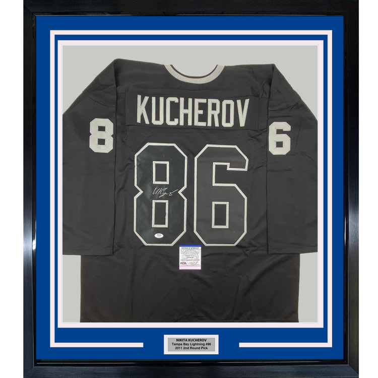 Framed Autographed/Signed Nikita Kucherov 35x39 Tampa Bay Black Hockey Jersey PSA/DNA COA