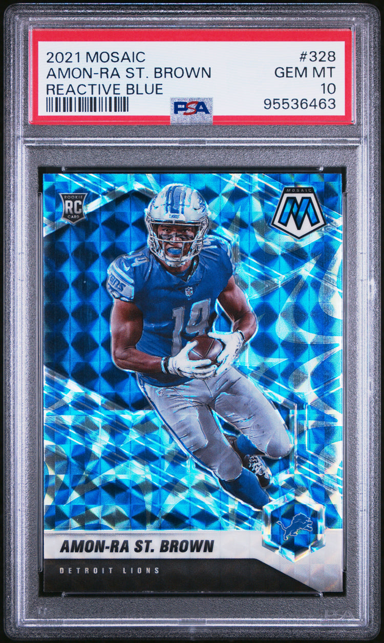 Graded 2021 Panini Mosaic Amon-Ra St. Brown #328 Reactive Blue Rookie RC Football Card PSA 10 Gem Mint