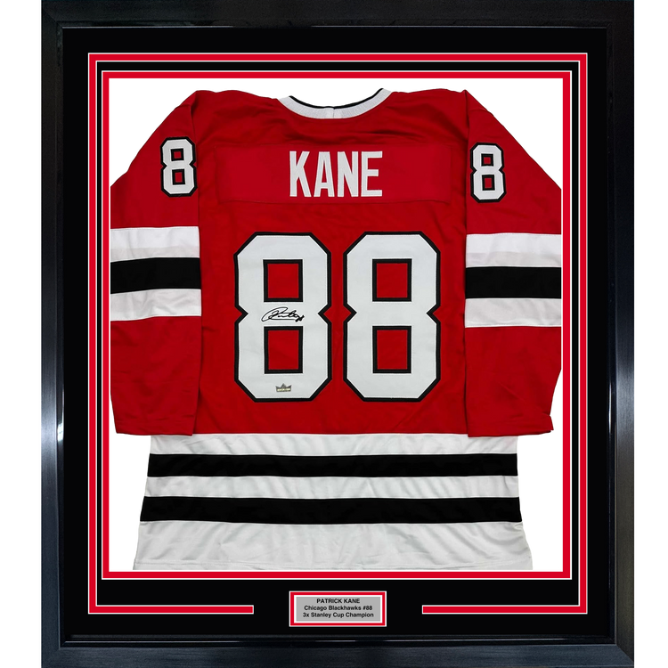 Framed Facsimile Autographed Patrick Kane 35x39 Chicago Red Reprint Laser Auto Hockey Jersey