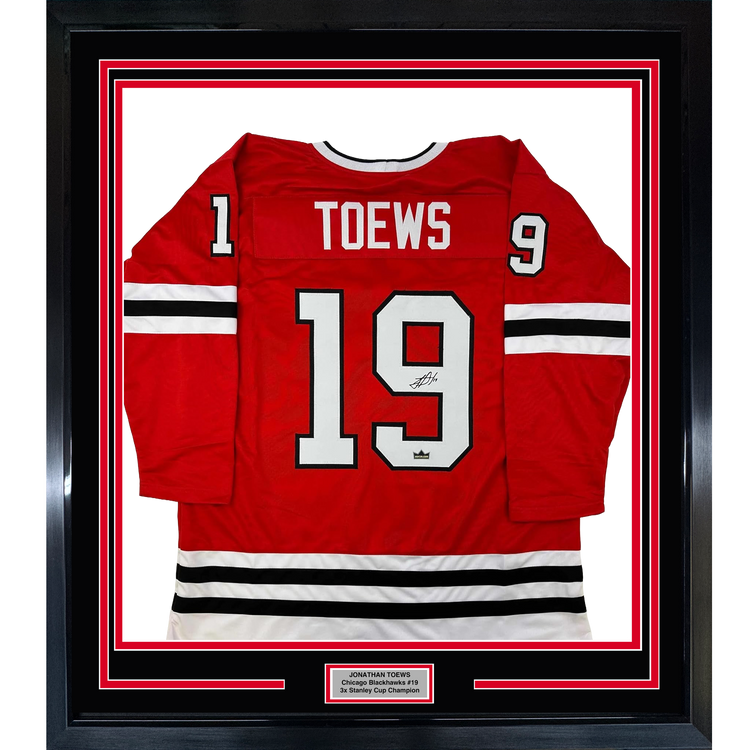 Framed Facsimile Autographed Jonathan Toews 35x39 Chicago Red Reprint Laser Auto Hockey Jersey