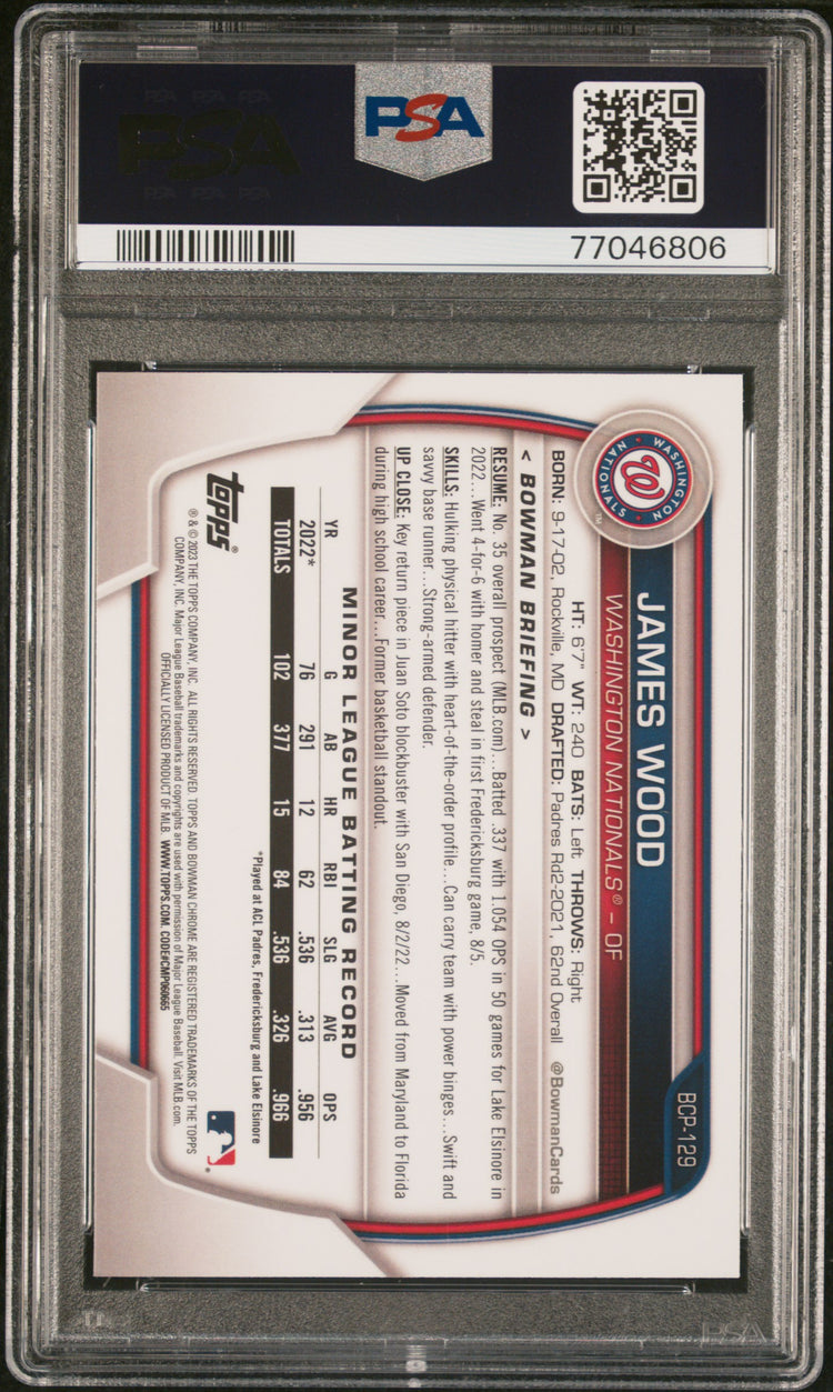 Graded 2023 Topps Bowman James Wood #BCP129 Chrome Prospects Atomic Refractor Rookie RC Baseball Card PSA 10 Gem Mint