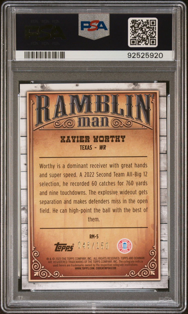 Graded 2023 Topps Bowman University Xavier Worthy #RM5 Ramblin Man Aqua #/150 Rookie RC Football Card PSA 10 Gem Mint