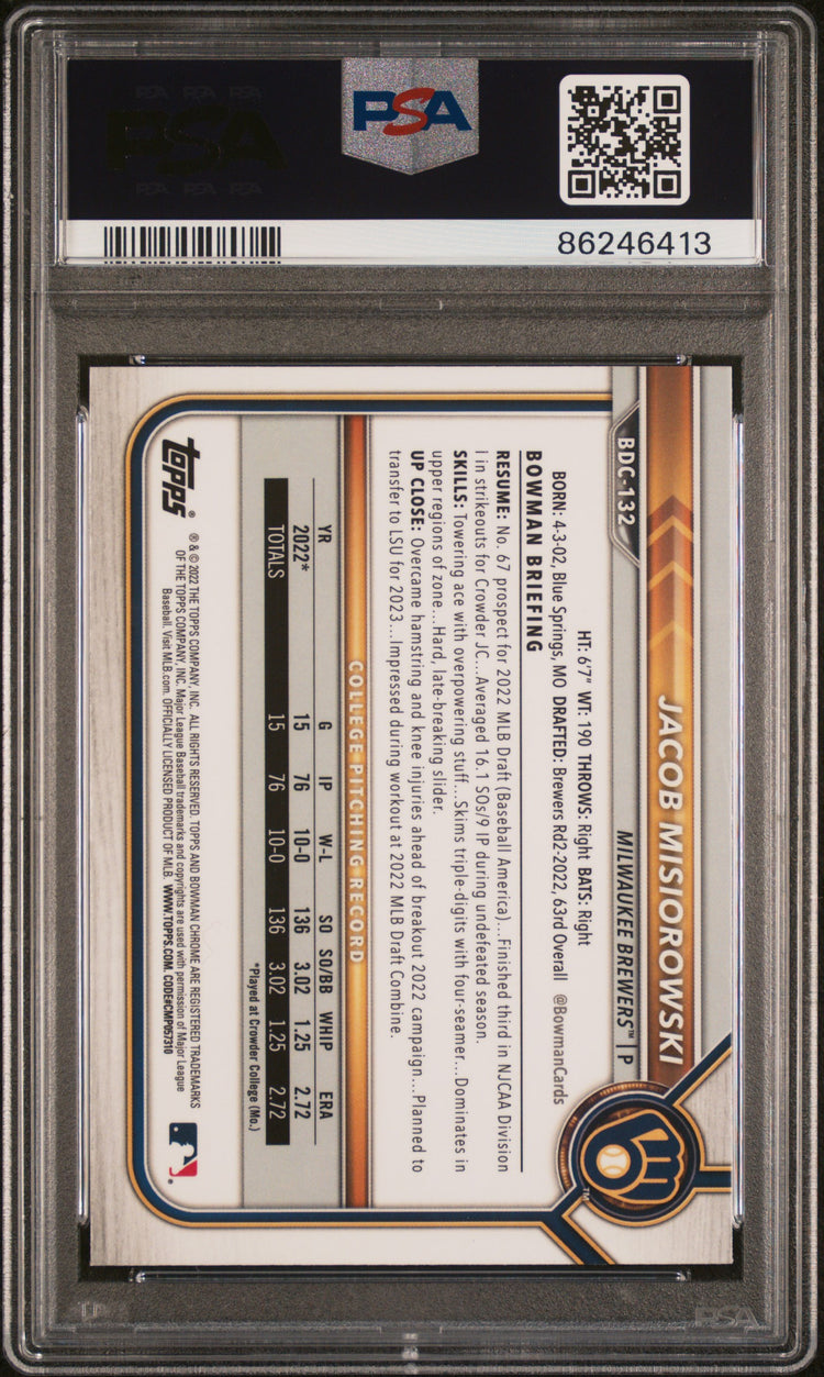 Graded 2022 Topps Bowman Draft Jacob Misiorowski #BDC132 Chrome Rookie RC Baseball Card PSA 10 Gem Mint