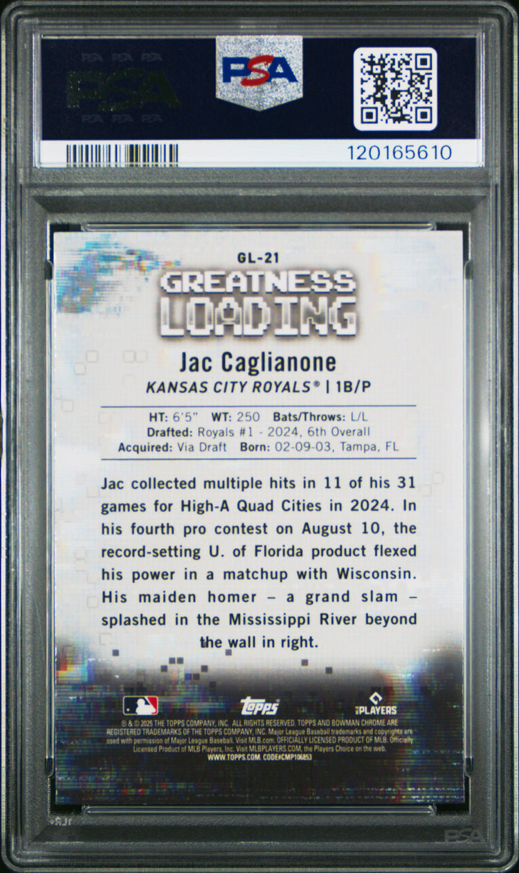 Graded 2025 Topps Bowman Jac Caglianone #GL21 Greatness Loading Rookie RC Baseball Card PSA 10 Gem Mint