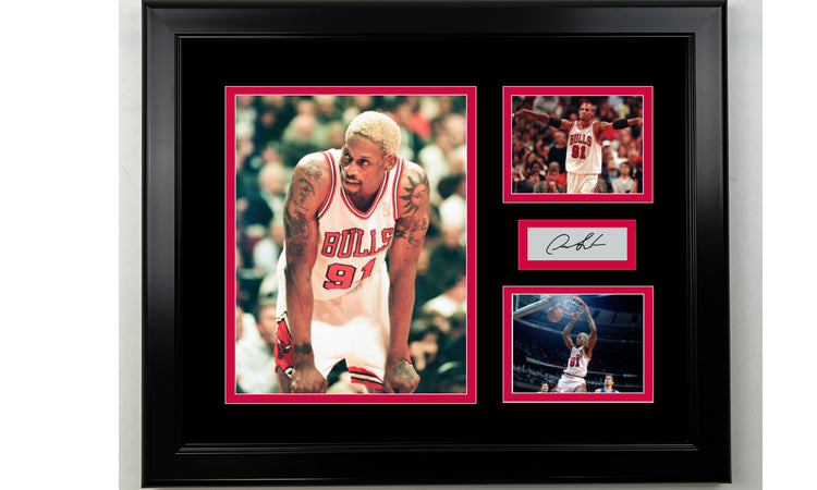 Framed Dennis Rodman Chicago Bulls Facsimile Laser Engraved Signature Basketball 14x11 3 Photo Collage