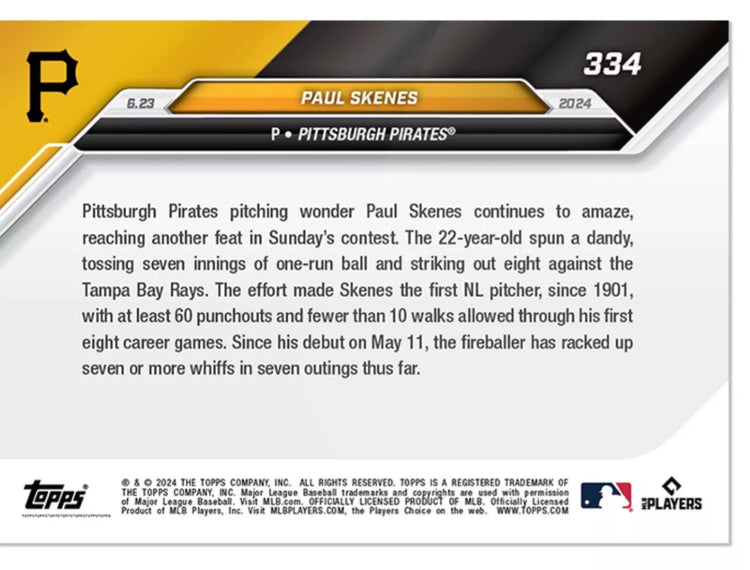 2024 Topps Now Paul Skenes #334 Blue #/49 Rookie RC Baseball Card