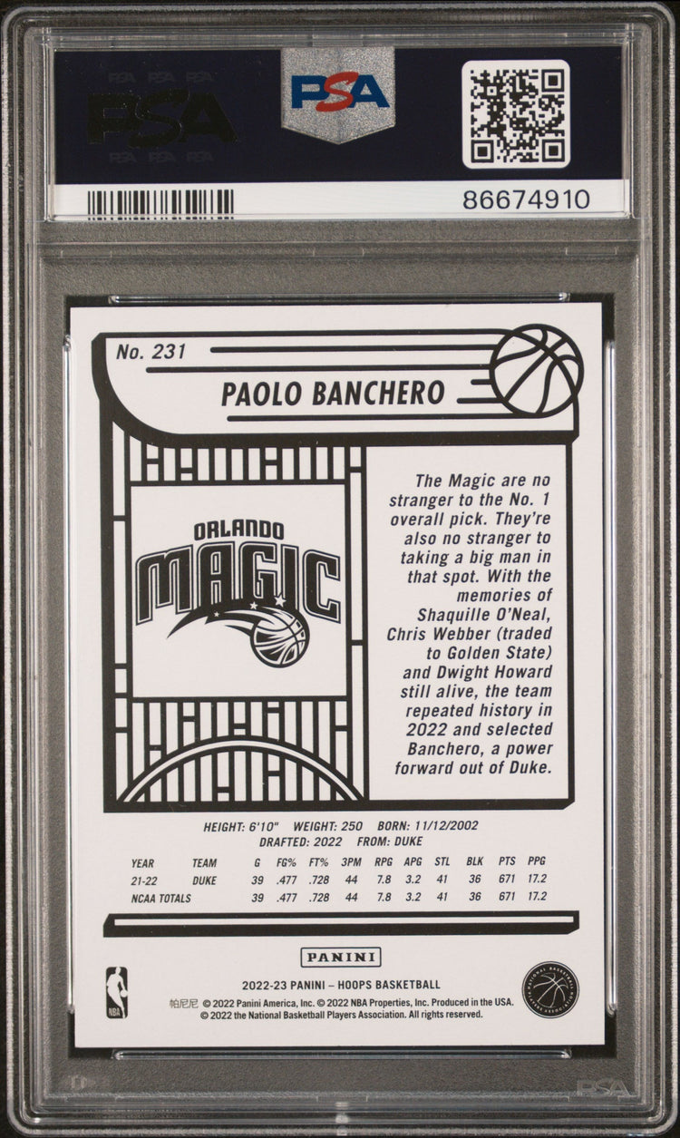 Graded 2022 Panini NBA Hoops Paolo Banchero #231 Rookie RC Basketball Card PSA 9 Mint