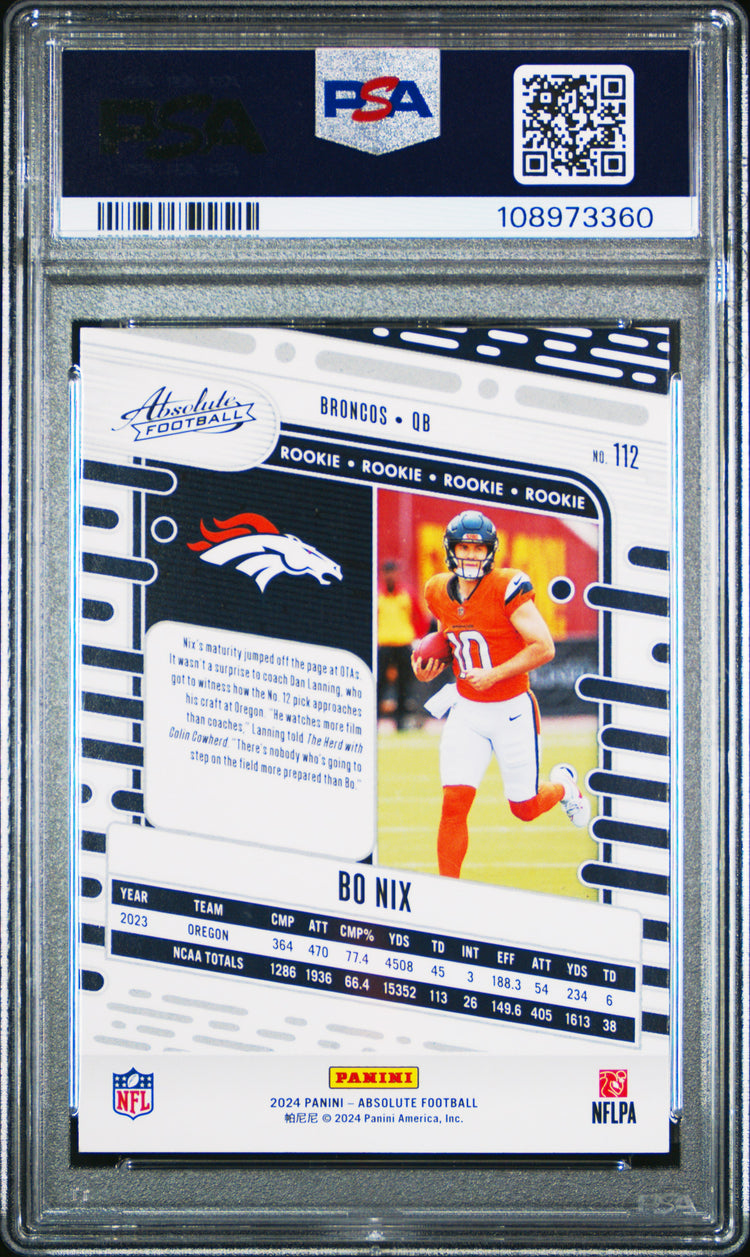 Graded 2024 Panini Absolute Bo Nix #112 Rookie RC Football Card PSA 9 Mint