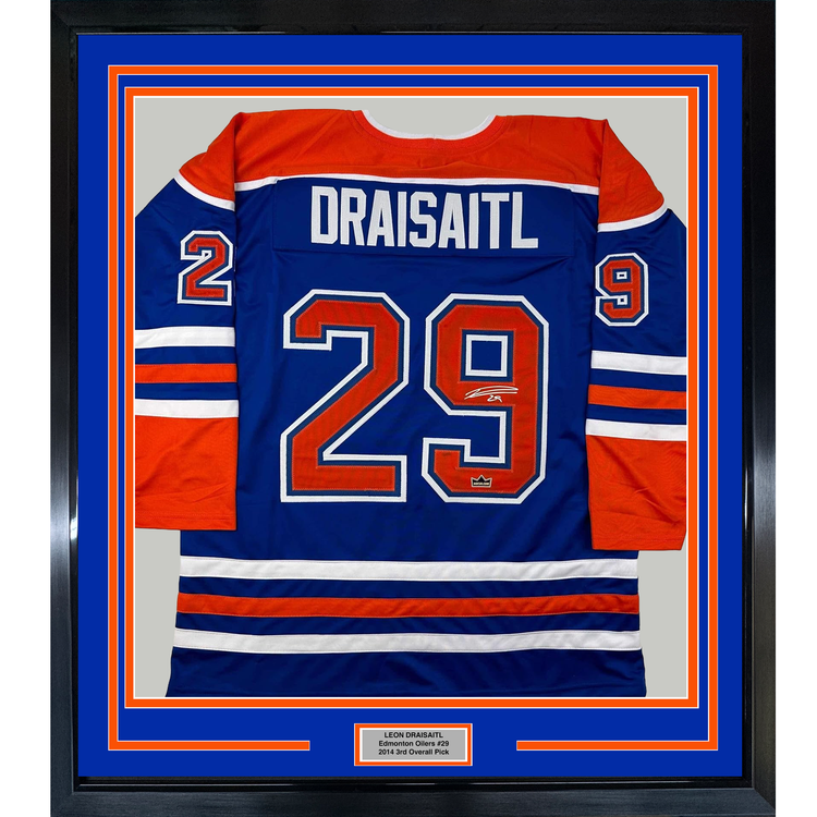 Framed Facsimile Autographed Leon Draisaitl 35x39 Edmonton Blue Reprint Laser Auto Hockey Jersey