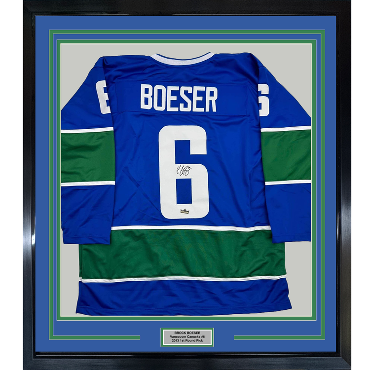 Framed Facsimile Autographed Brock Boeser 35x39 Vancouver Blue Reprint Laser Auto Hockey Jersey