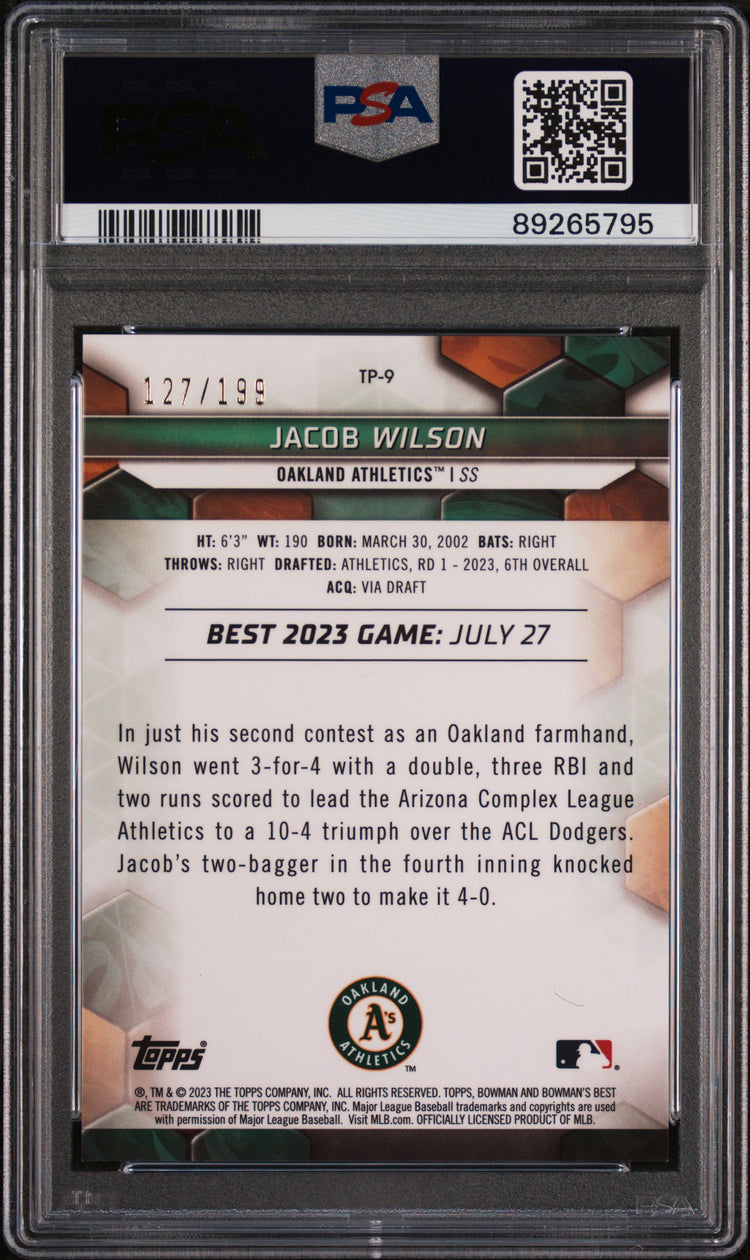 Graded 2023 Topps Bowmans Best Jacob Wilson #TP9 Top Prospects Aqua Lava #/199 Rookie RC Baseball Card PSA 10 Gem Mint