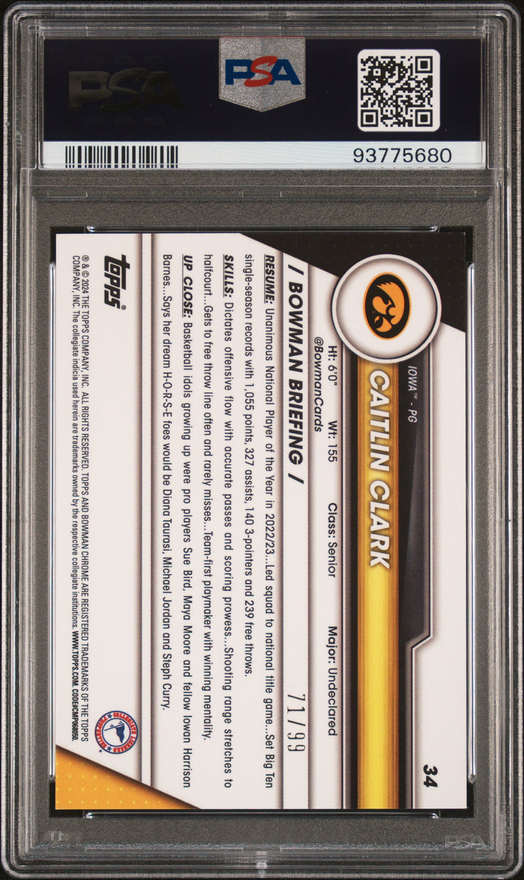 Graded 2023 Topps Bowman U Sapphire Caitlin Clark #34 Green #/99 Rookie RC Basketball Card PSA 10 Gem Mint