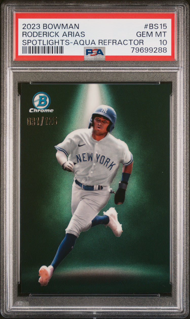 Graded 2023 Topps Bowman Roderick Arias #BS15 Spotlights Aqua Refractor /125 Rookie RC Baseball Card PSA 10 Gem Mint