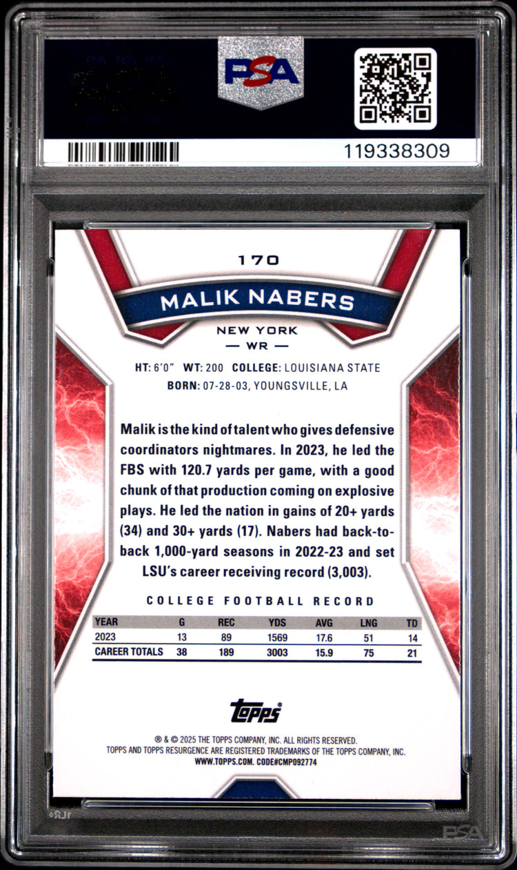 Graded 2024 Topps Resurgence Malik Nabers #170 Blue & Orange Spark Rookie RC Football Card PSA 10 Gem Mint