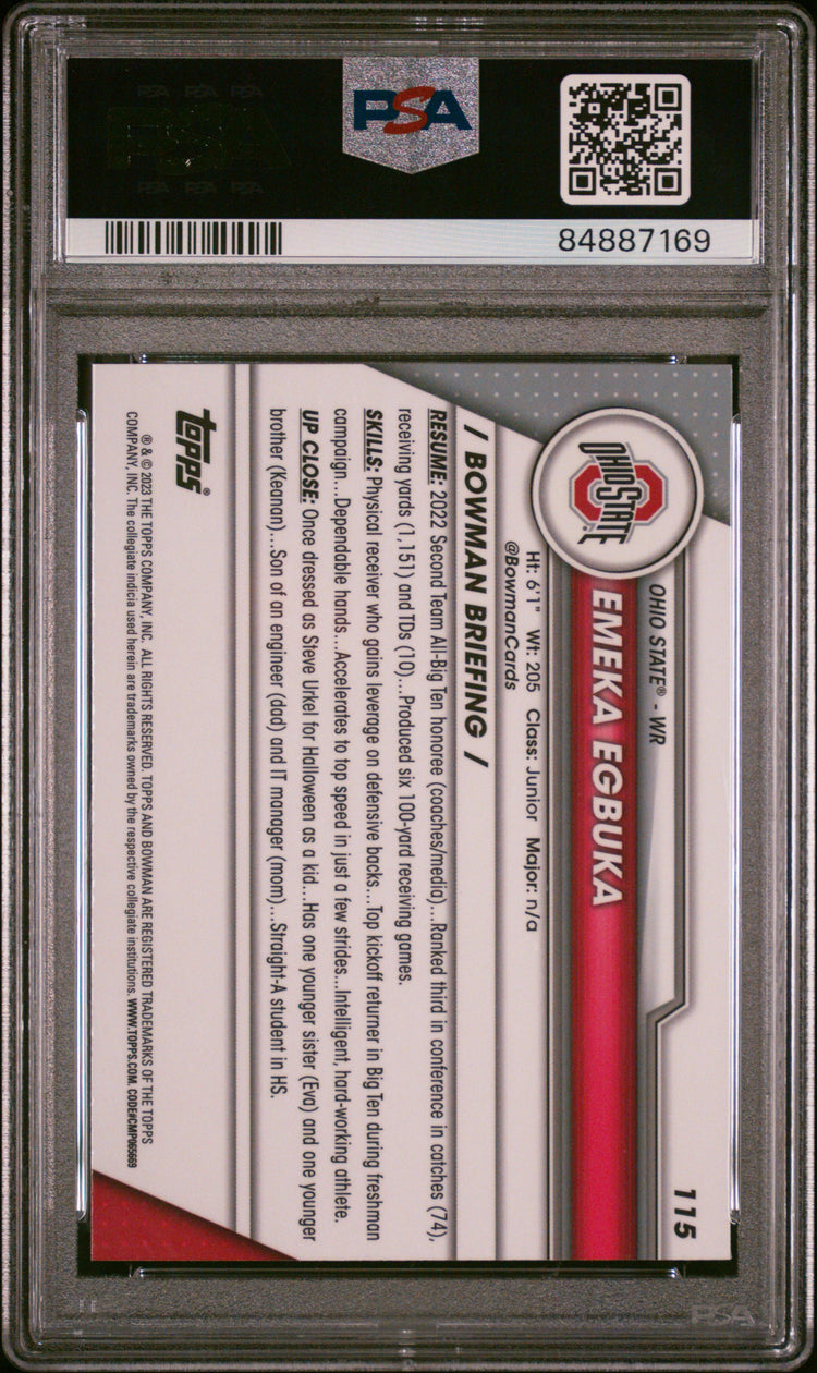 Graded 2023 Topps Bowman U Chrome Emeka Egbuka #115 Pink Rookie RC Football Card PSA 10 Gem Mint